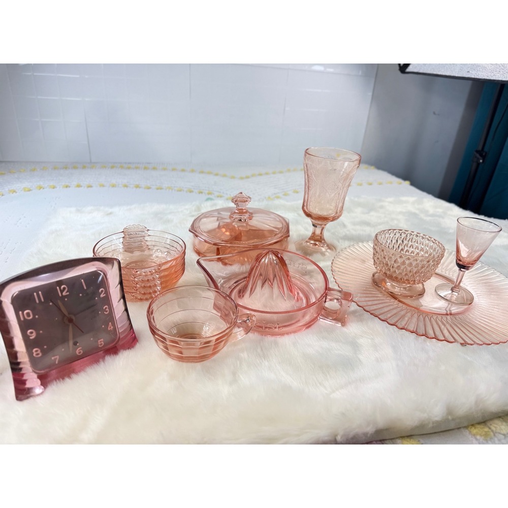 Vintage Pink Depression Glass Set Gilbert Clock Sunkist Juicer Candy Dish 13 pc - Picture 4 of 16